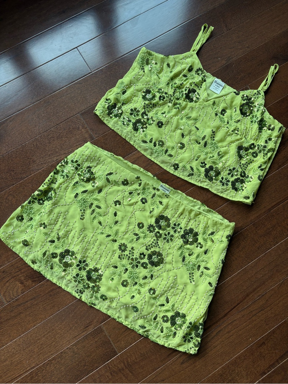 No Boundaries Green Sequin Beaded 2 Pc Skirt & Cami Tank Matching Set Size L/XL